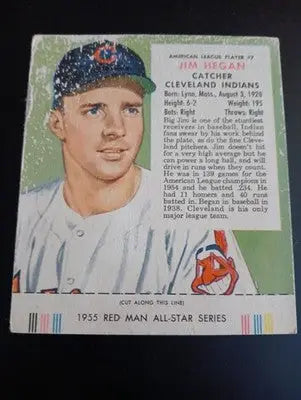 1955 Red Man Tobacco - AL #7 Jim Hegan. Cleveland. w/tab. surface damage. PR-GD