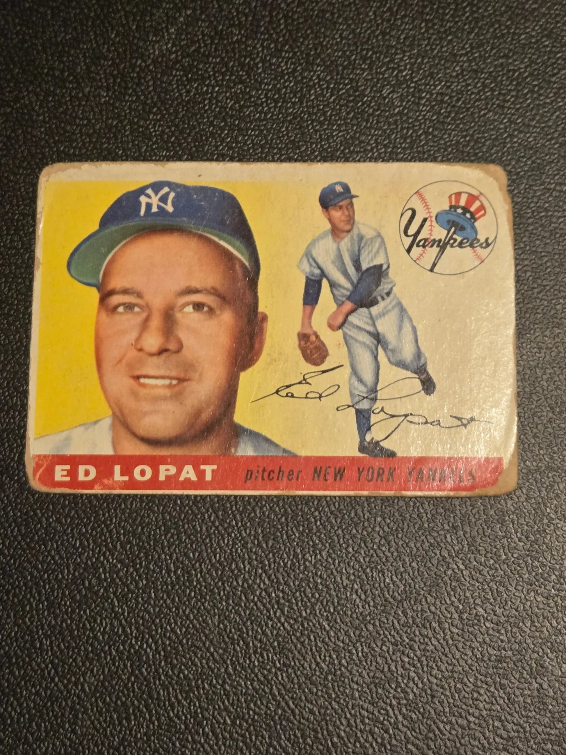Vintage 1955 Topps Ed Lopat baseball card displayed in a collectible product