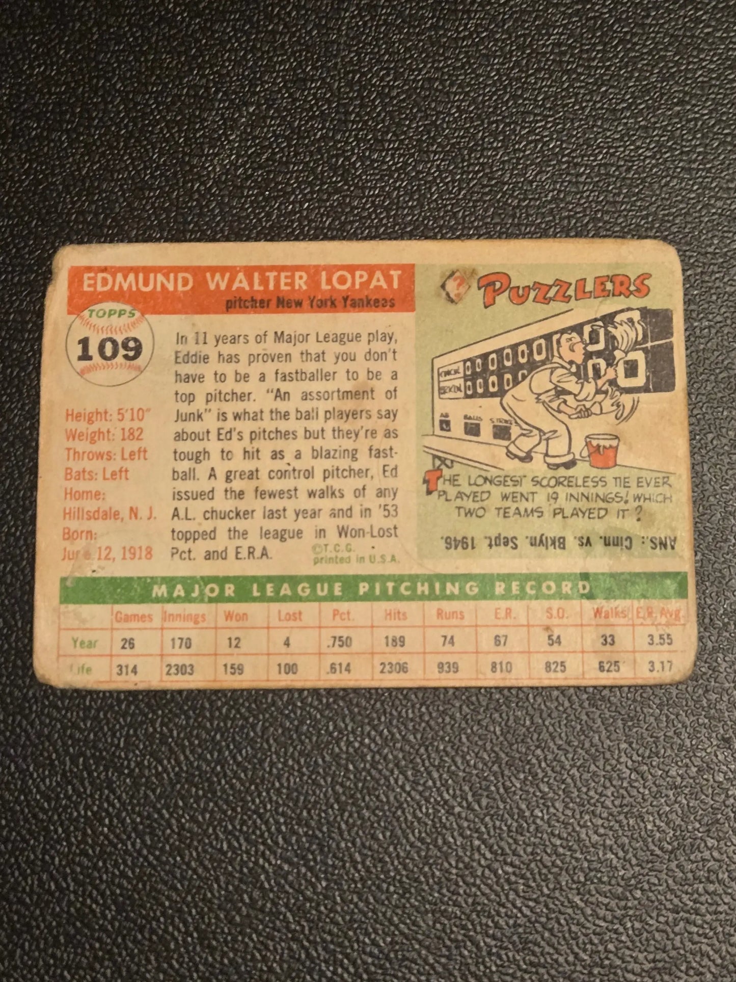 Vintage baseball card 1955 Topps #109 Ed Lopat collectible sports memorabilia
