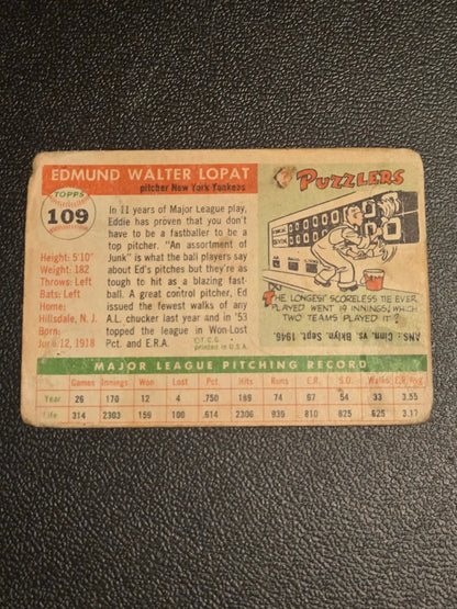 Vintage baseball card 1955 Topps #109 Ed Lopat collectible sports memorabilia