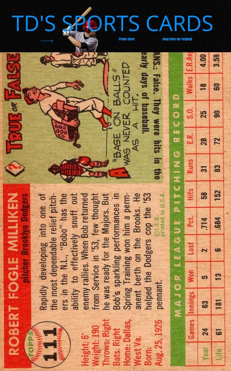 Vintage baseball card of 1955 Topps #111 Bob Milliken, a must-have for trading cards collectors