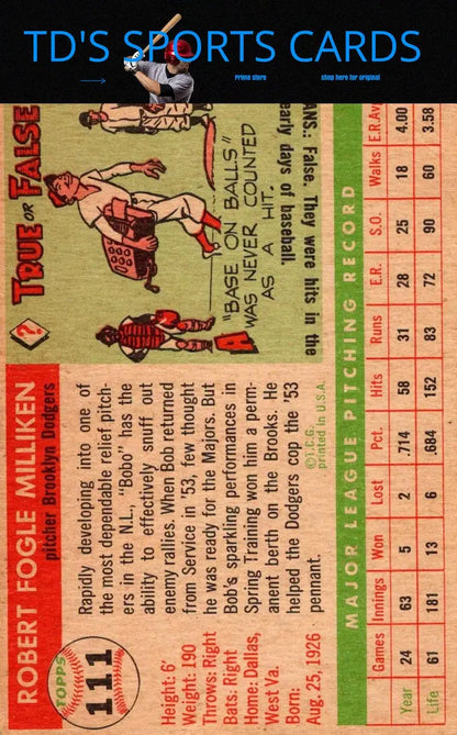 Vintage baseball card of 1955 Topps #111 Bob Milliken, a must-have for trading cards collectors
