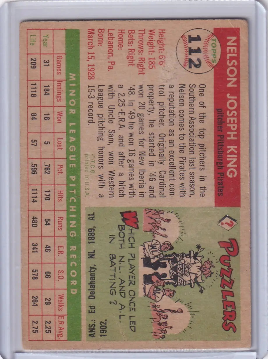 Vintage 1955 Topps #112 Nelson King Pittsburgh Pirates baseball card for collectors