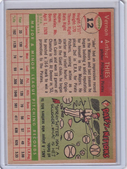 Vintage baseball card of Vernon Jake Thies from the 1955 Topps Pittsburgh Pirates set