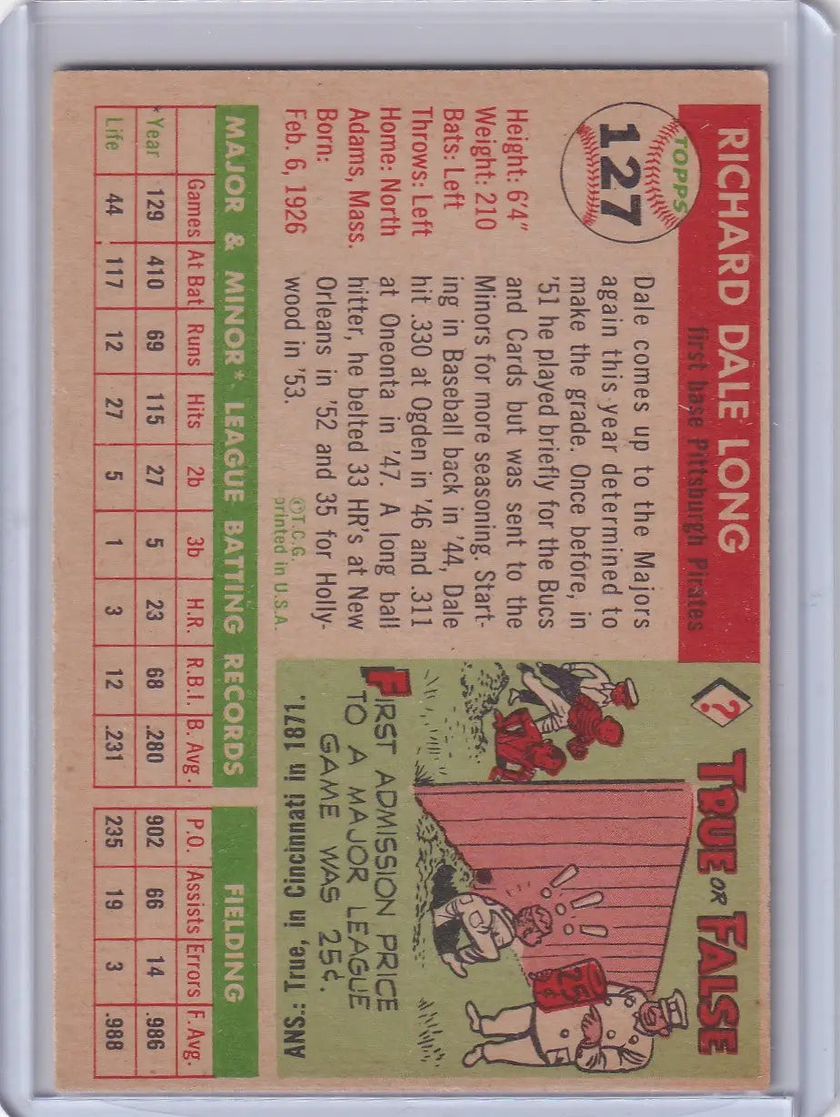 1955 Topps #127 Dale Long - Pittsburgh Pirates