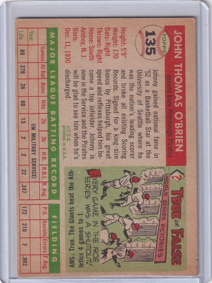 Vintage 1955 Topps Johnny O’Brien Pittsburgh Pirates baseball card for collectors