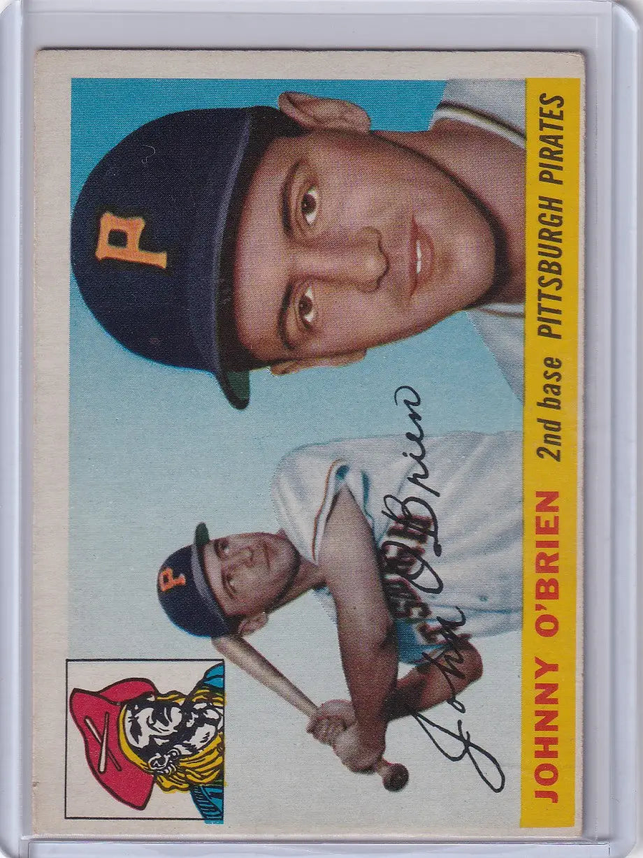 Vintage Johnny O’Brien baseball card from 1955 Topps featuring Pittsburgh Pirates player