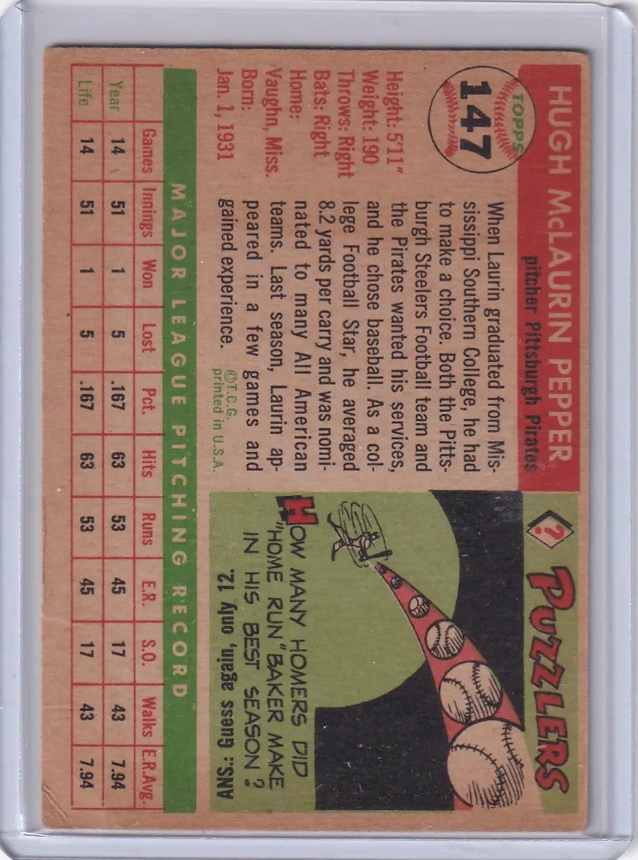 Vintage baseball card of Hugh Pepper, Pittsburgh Pirates, leaping for a catch