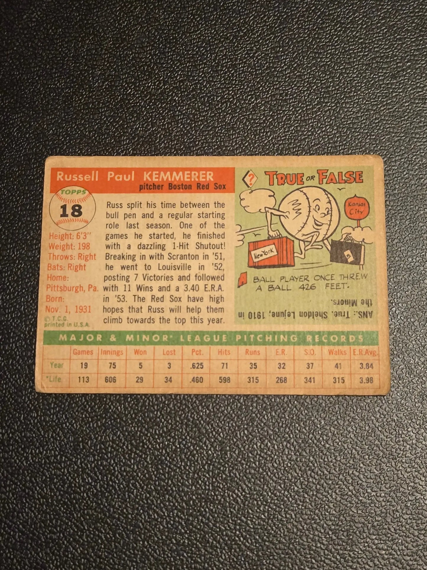 Vintage baseball card of Russ Kemmerer, Boston Red Sox pitcher from 1955 Topps #18