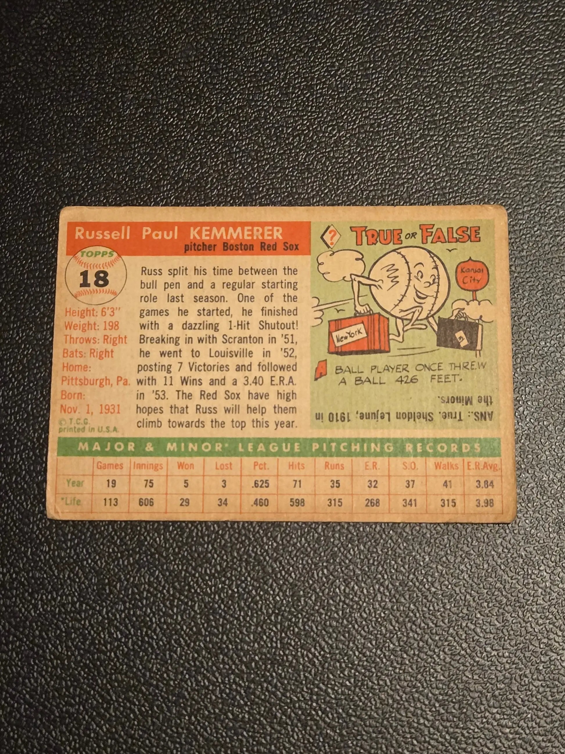 Vintage baseball card of Russ Kemmerer, Boston Red Sox pitcher from 1955 Topps #18