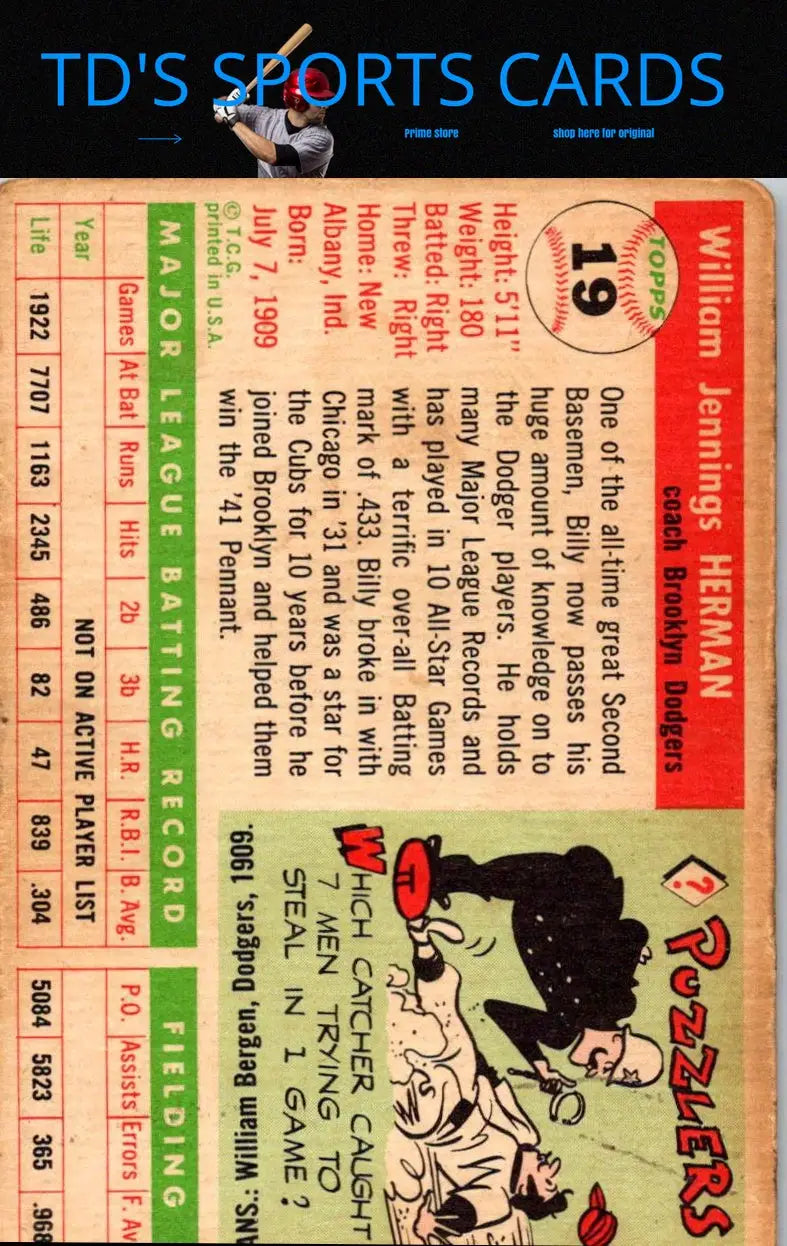 Vintage baseball card featuring 1955 Topps #19 Billy Herman trading cards