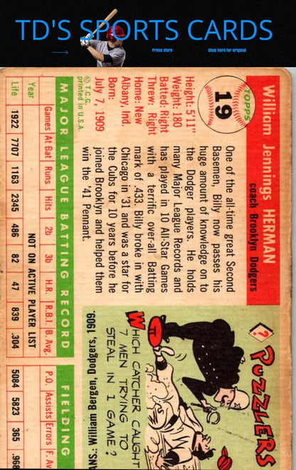 Vintage baseball card featuring 1955 Topps #19 Billy Herman trading cards