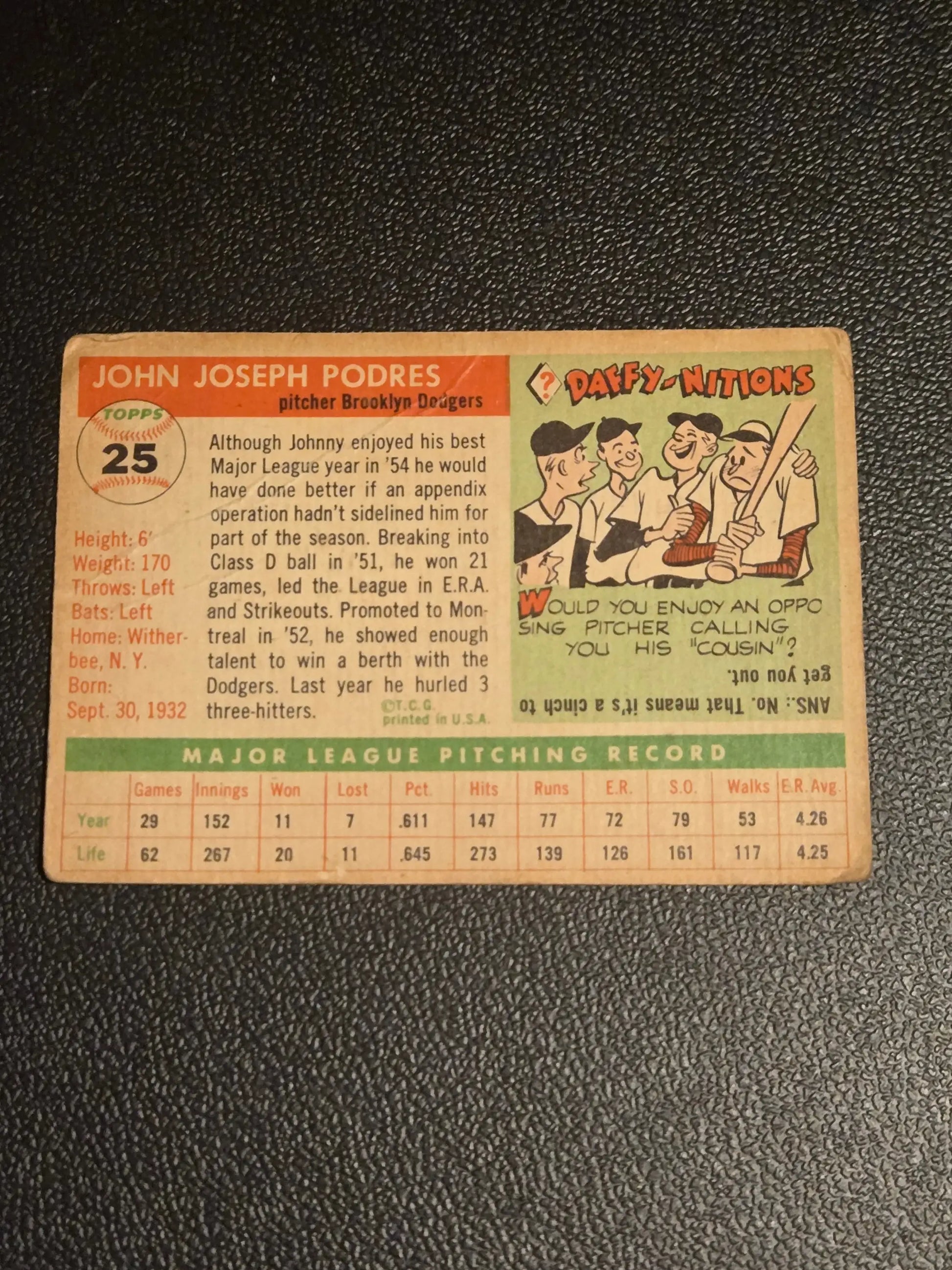 Vintage 1955 Topps Johnny Podres baseball card of Brooklyn Dodgers pitcher
