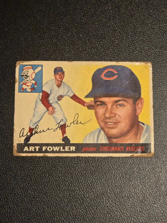 Vintage 1955 Topps Art Fowler baseball card featuring Cincinnati Redlegs pitcher