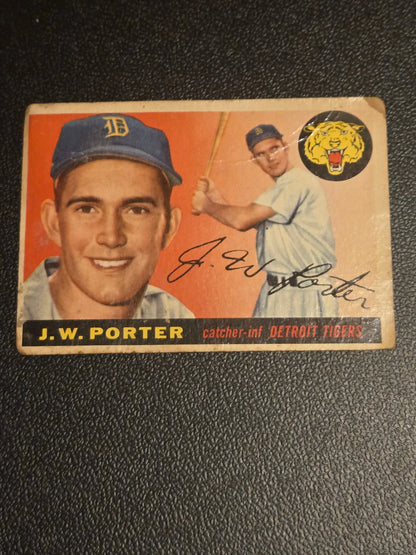 Vintage 1955 Topps J W Porter Detroit Tigers baseball card featuring catcher infielder
