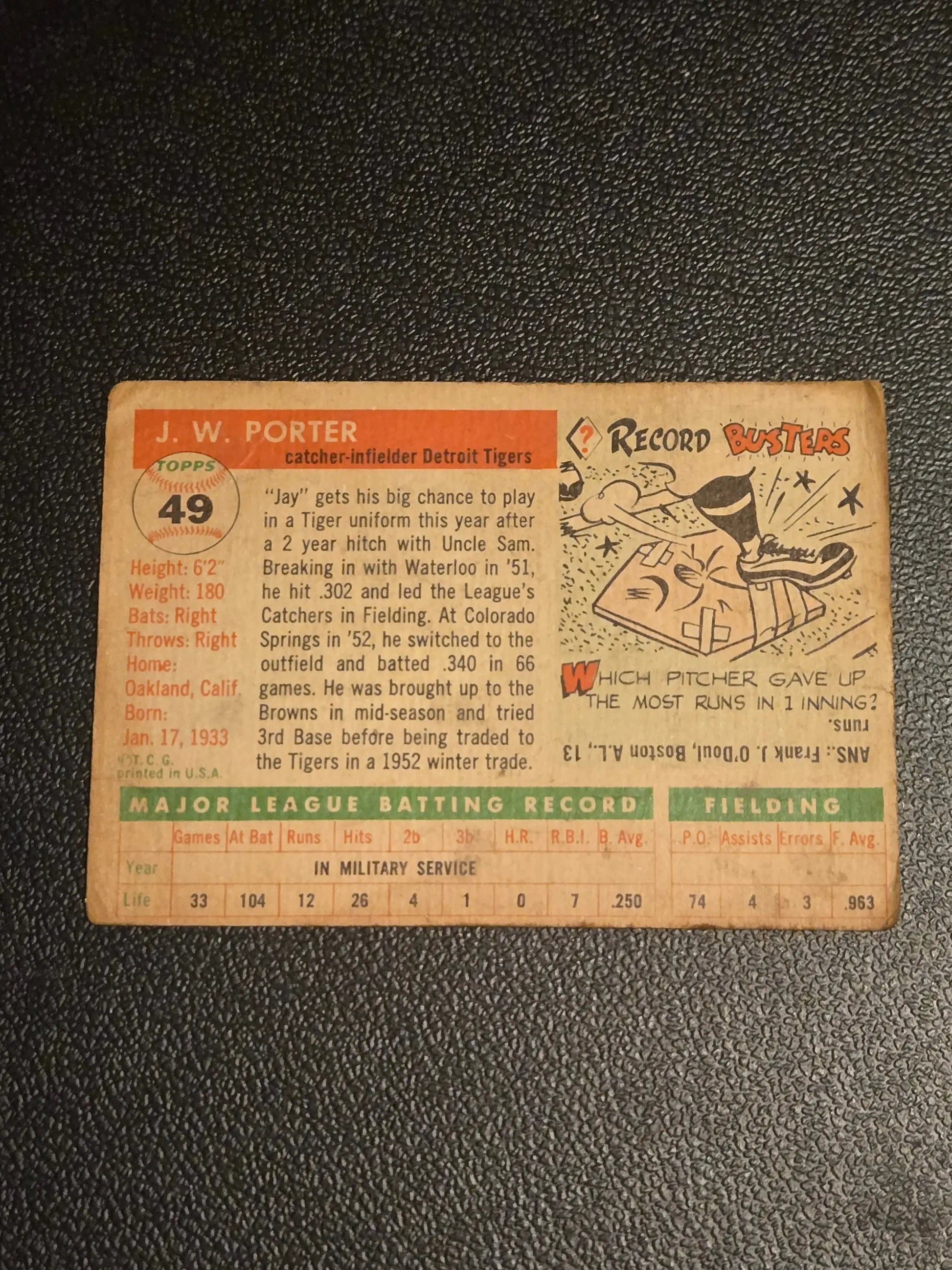 Back view of a vintage 1955 Topps J W Porter baseball card showing card details