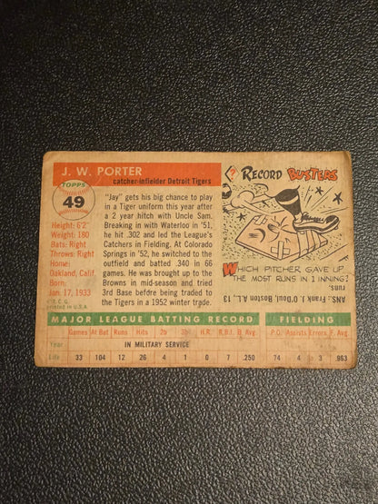 Back view of a vintage 1955 Topps J W Porter baseball card showing card details