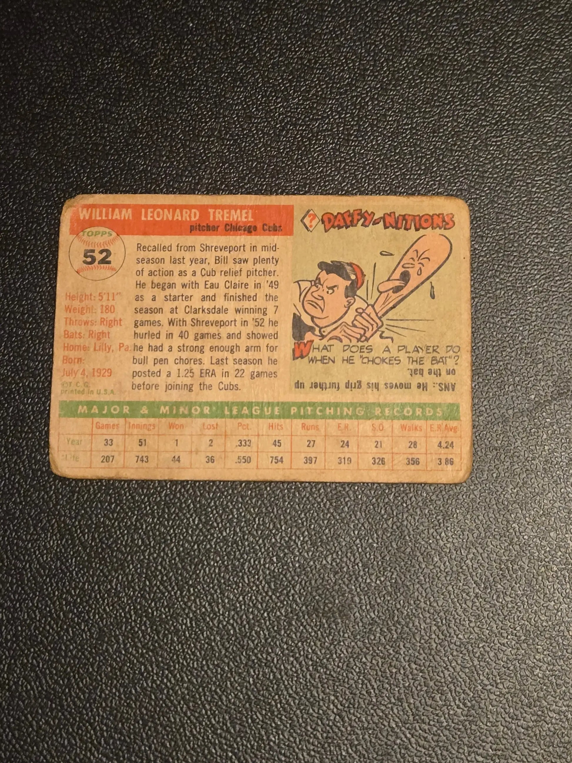 Vintage 1955 Topps #52 Bill Tremel baseball trading card on display