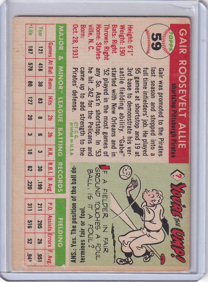 Vintage Gair Allie Pittsburgh Pirates baseball card with cartoon art on pink background