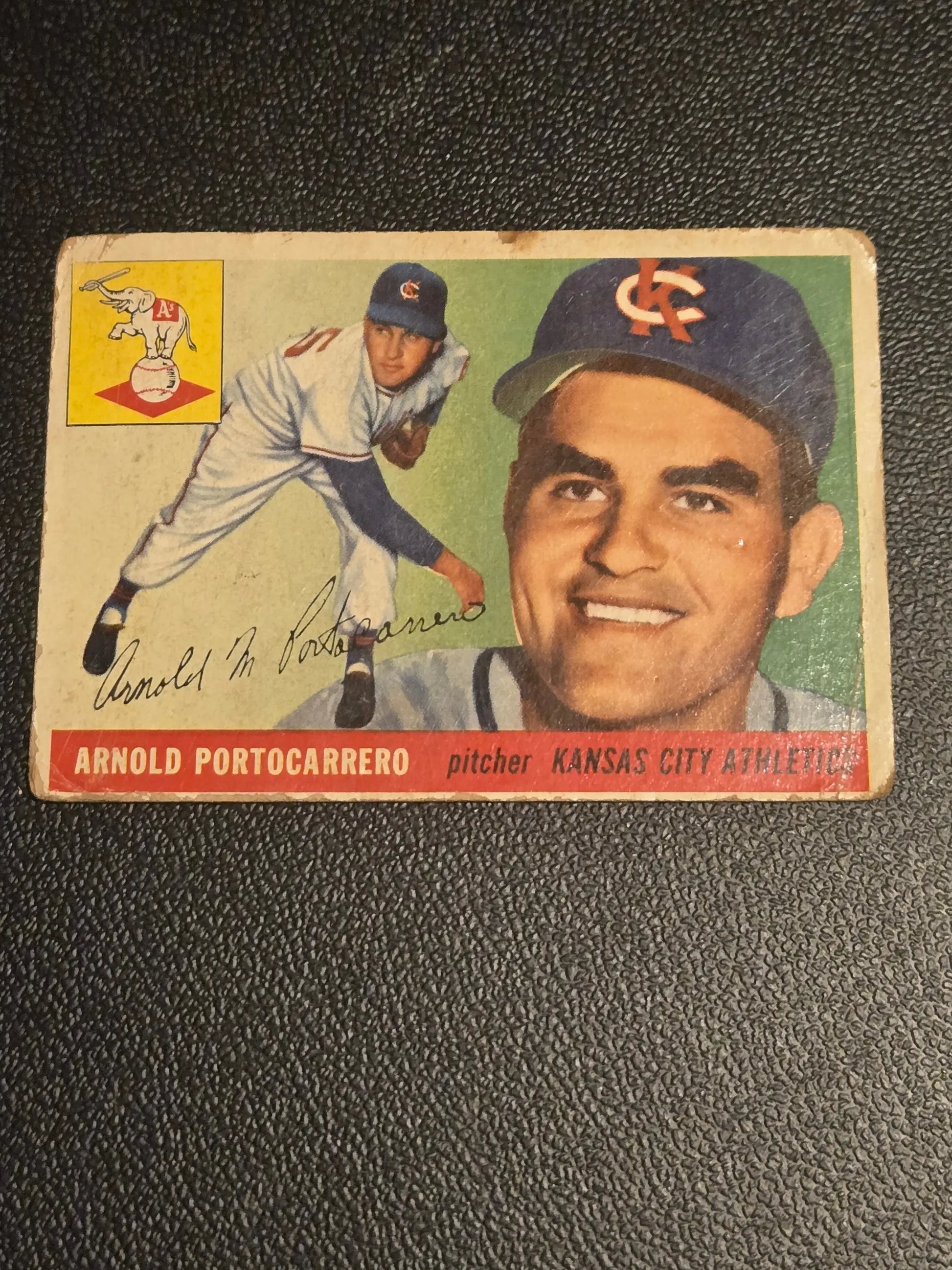 Vintage baseball card of Arnold Portocarrero from 1955 Topps #77 collection