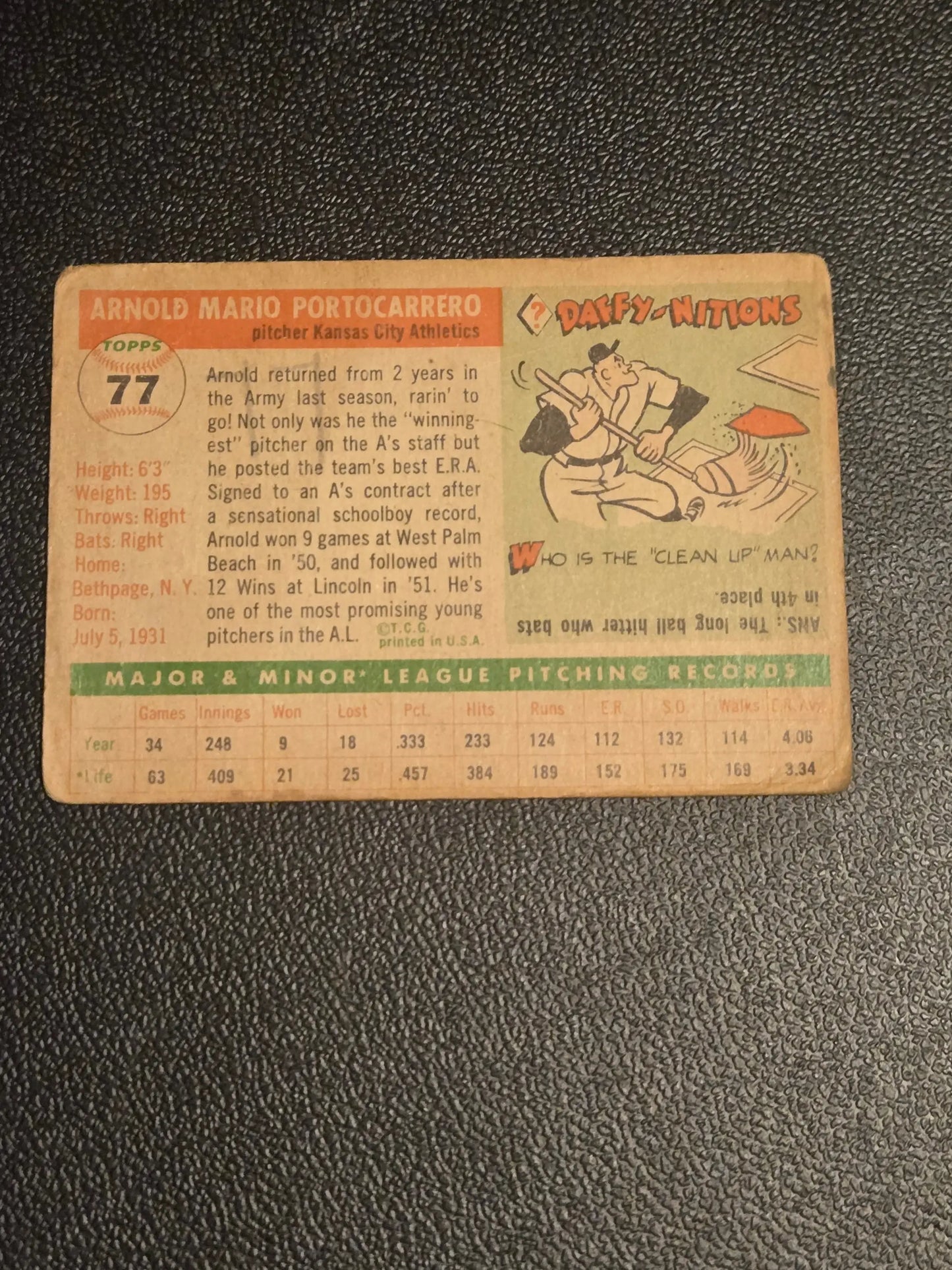 Vintage baseball trading card of Arnold Portocarrero from 1955 Topps #77