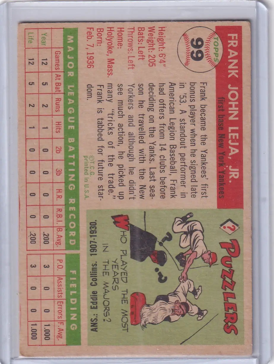 1955 Topps #99 Frank Leja - New York Yankees - Baseball Card Single