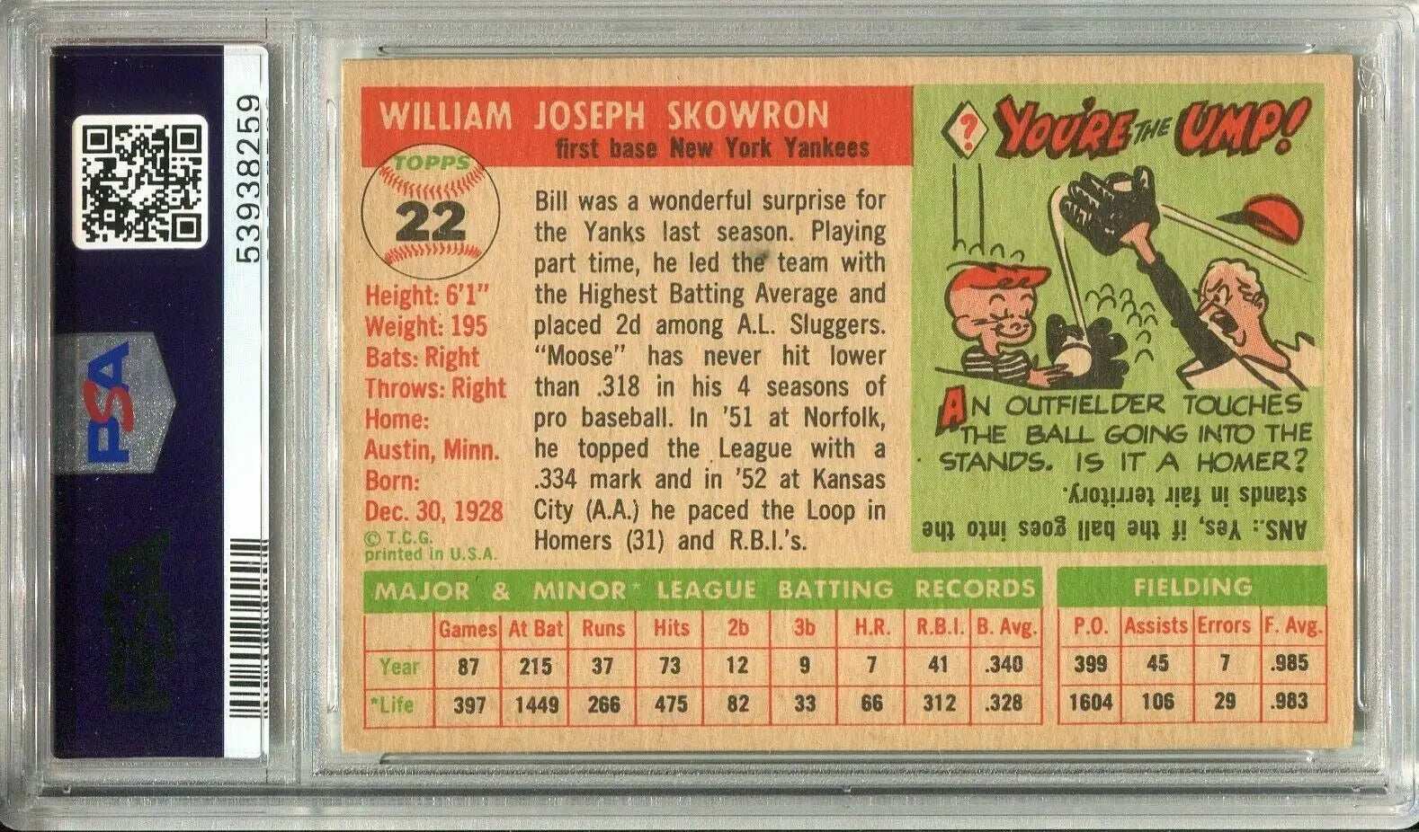 Graded 1955 Topps Bill Skowron #22 PSA 5.5 EX+ New York Yankees Baseball Card trading cards
