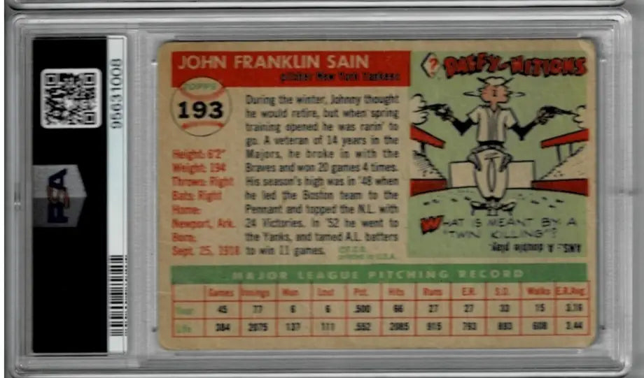 Vintage 1955 TOPPS Johnny Sain baseball card of Major League Baseball player in protective slab