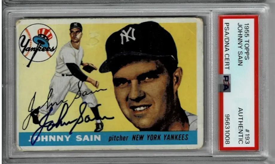 PSA-graded 1955 Topps Johnny Sain baseball card with autograph, major league baseball memorabilia