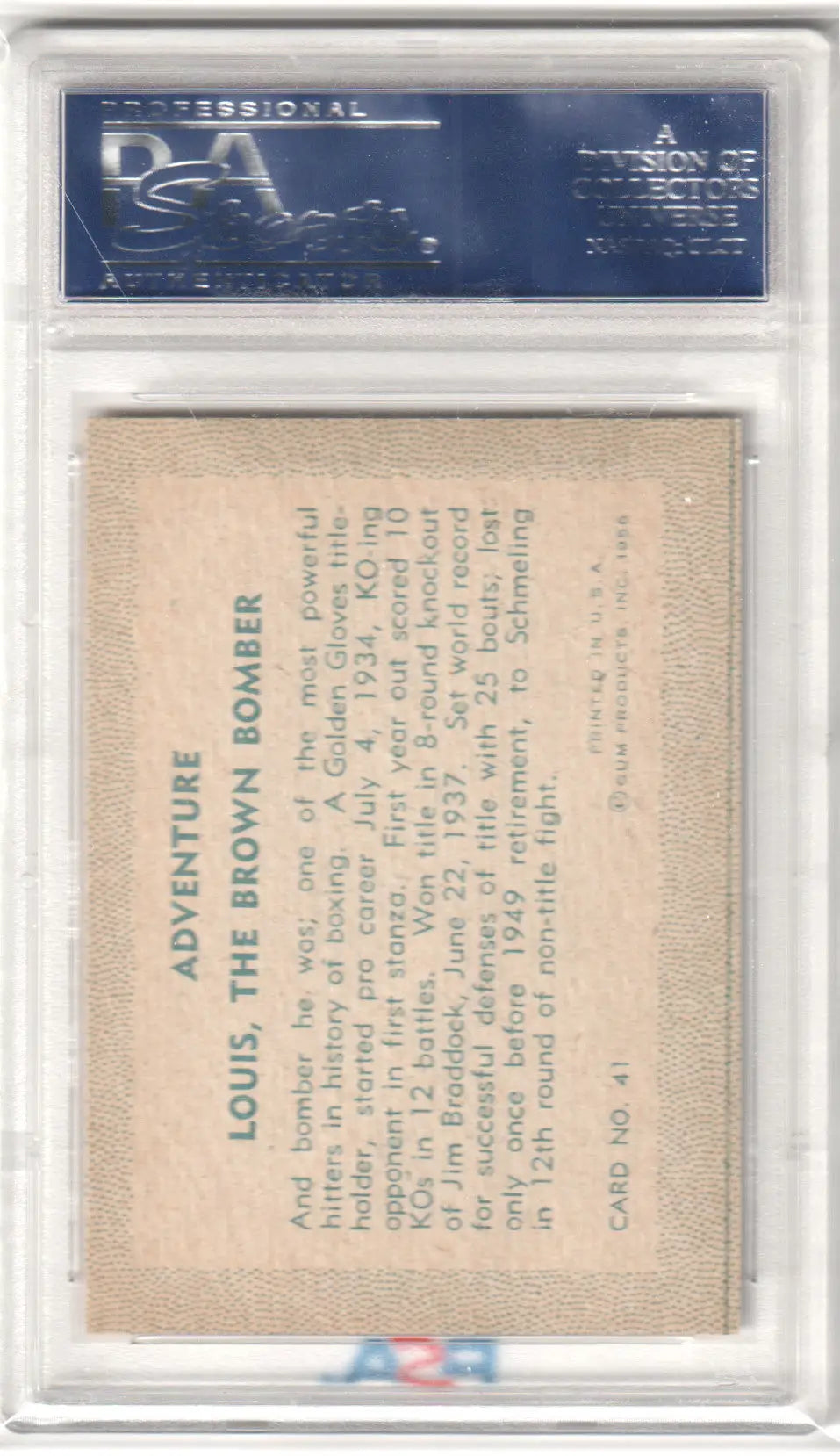 Graded boxing card of Adventure Bomber Louis showing bomber louis 1956 Adventure Bomber Louis The Brown PSA 7 NM