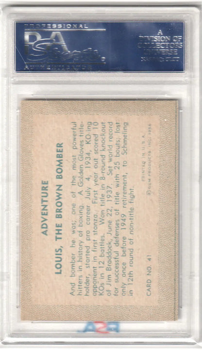 Graded boxing card of Adventure Bomber Louis showing bomber louis 1956 Adventure Bomber Louis The Brown PSA 7 NM