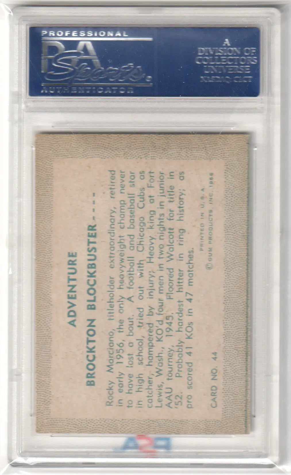 Encapsulated vintage trading card featuring 1956 Adventure Brockton blockbuster Brockton Blockbuster Rocky Marciano PSA 8 NM-MT