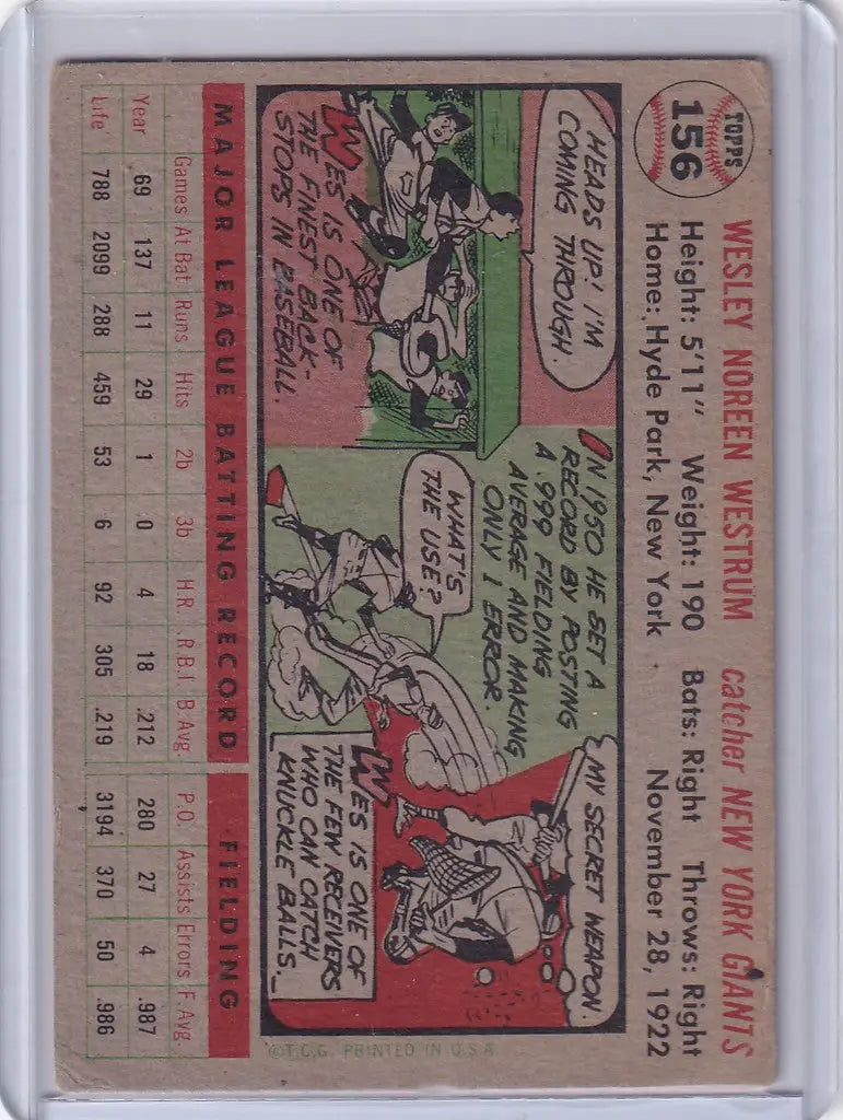 Vintage baseball card of Wes Westrum showcasing New York Giants player statistics