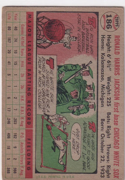 Vintage 1956 Topps Ron H. Jackson baseball card featuring Chicago White Sox statistics