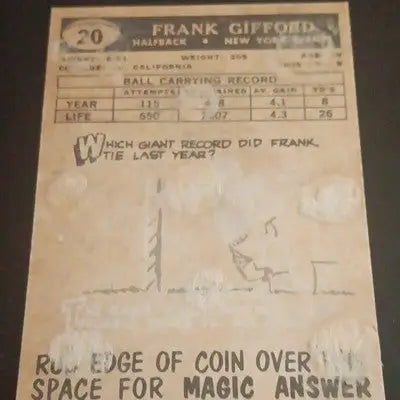 1956 Topps #20 Frank Gifford - NY Giants. NFL. *paper damage on back. VG+ - EX - Football Card Single