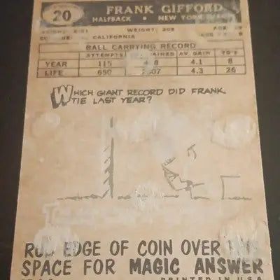 1956 Topps #20 Frank Gifford - NY Giants. NFL. *paper damage on back. VG+ - EX - Football Card Single