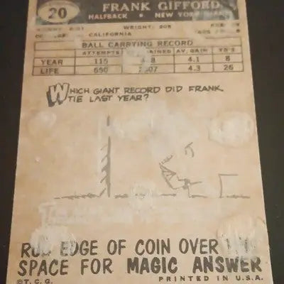 1956 Topps #20 Frank Gifford - NY Giants. NFL. *paper damage on back. VG+ - EX - Football Card Single