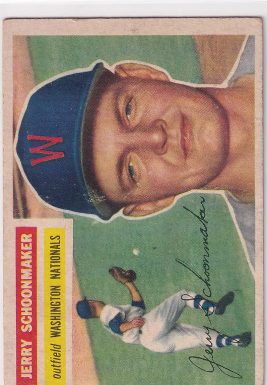 Vintage baseball card of Jerry Schoonmaker - Washington Senators RC in blue cap