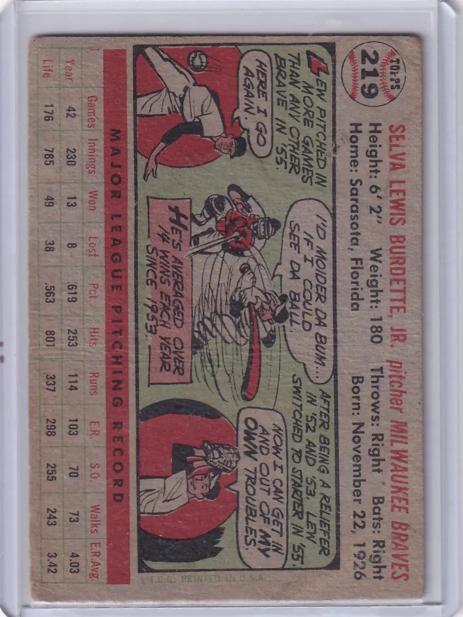 1956 Topps #219 Lew Burdette - Milwaukee Braves - Baseball Card Single