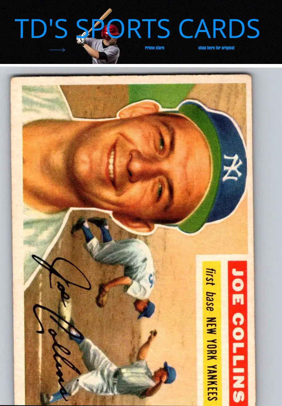 Vintage Joe Collins baseball card from the 1956 Topps #21a series with a white back