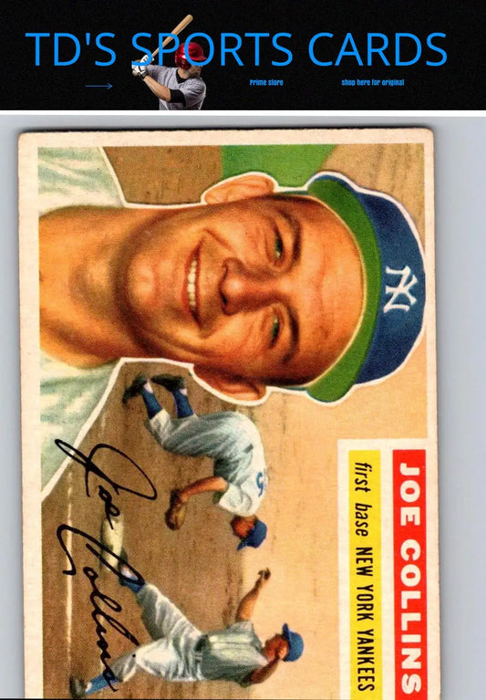 Vintage Joe Collins baseball card from the 1956 Topps #21a series with a white back
