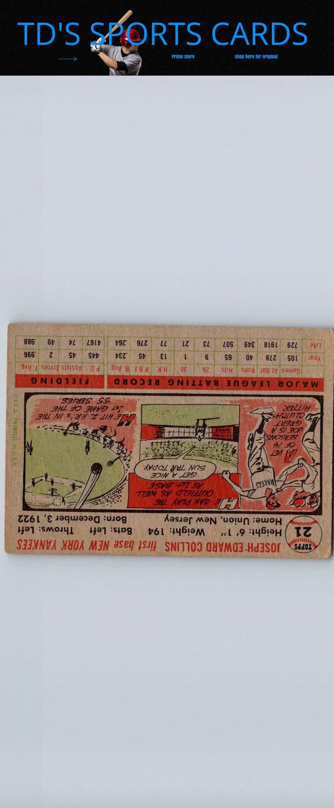 Vintage 1956 Topps #21a Joe Collins White Back baseball card collectors item