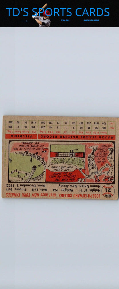 Vintage 1956 Topps #21a Joe Collins White Back baseball card collectors item