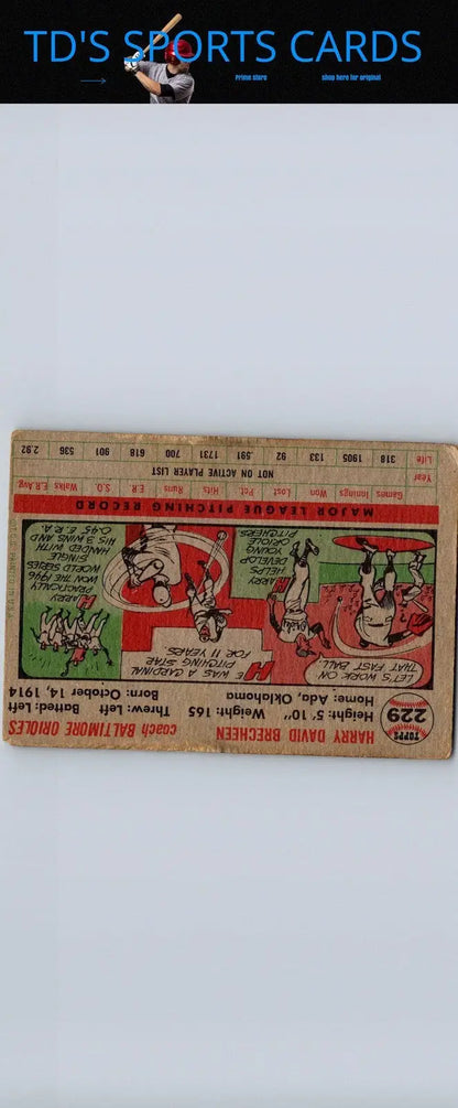 Vintage 1956 Topps Harry Brecheen baseball card featuring Harry Brecheen playing for the St. Louis Browns