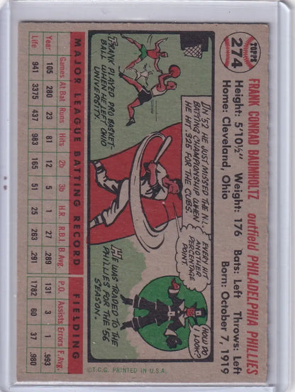 Vintage 1956 Topps Frank Baumholtz Philadelphia Phillies baseball card with stats and cartoon art