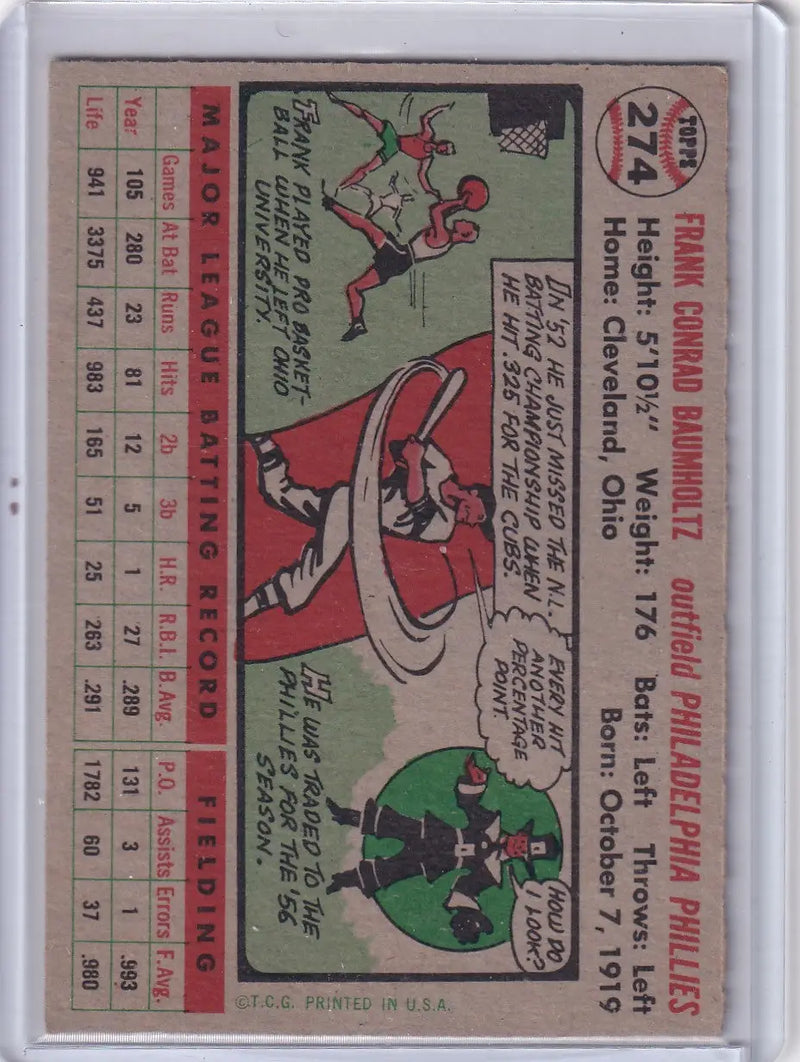 Vintage 1956 Topps Frank Baumholtz Philadelphia Phillies baseball card with stats and cartoon art