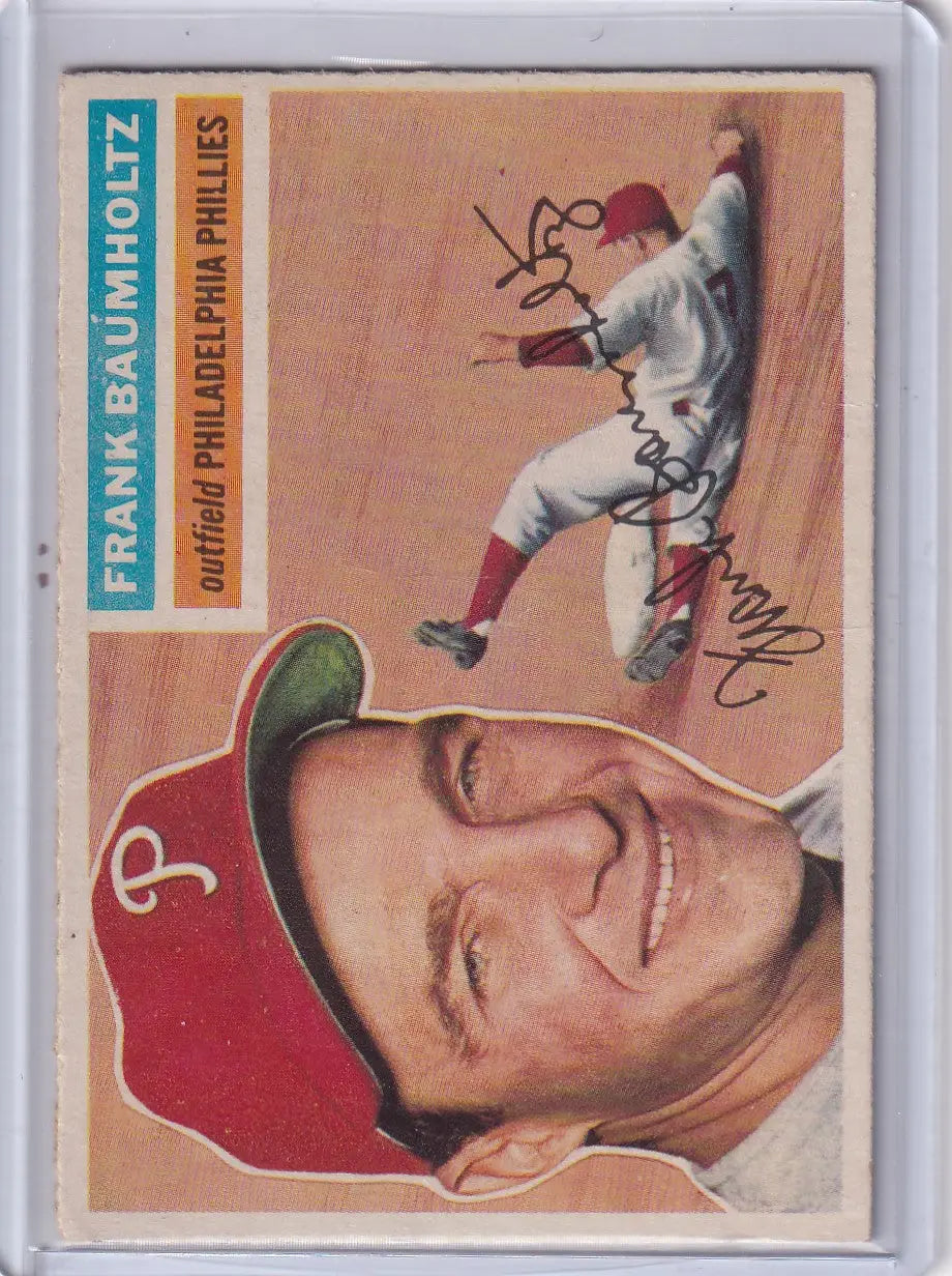 Vintage baseball card of Frank Baumholtz, Philadelphia Phillies outfielder with autograph