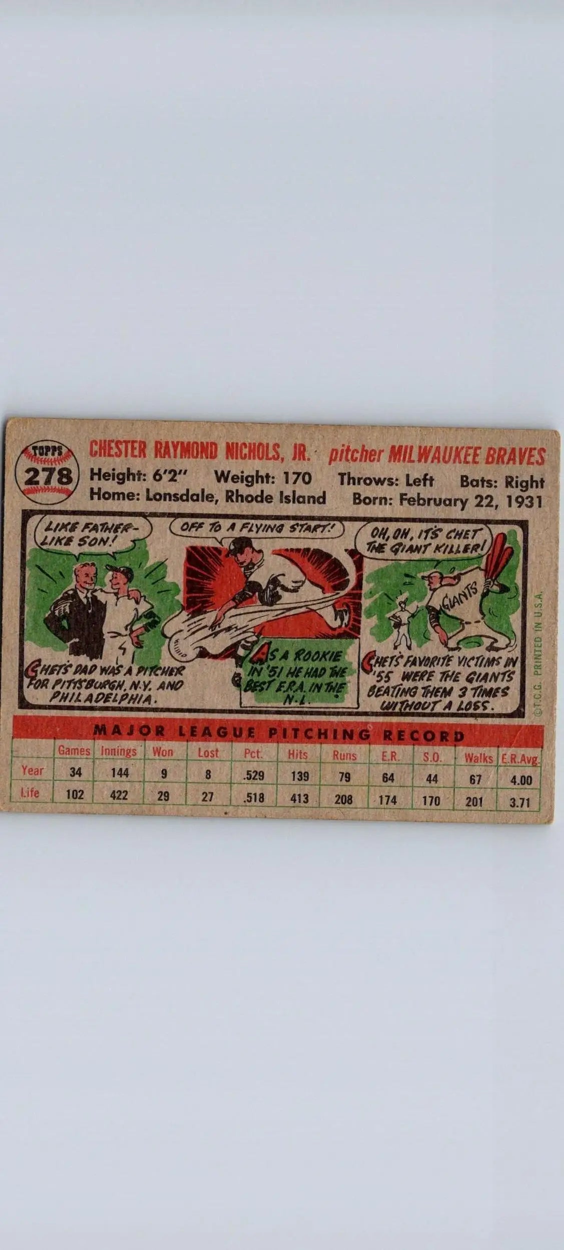 Vintage 1956 Topps #278 Chet Nichols baseball card for trading card collectors