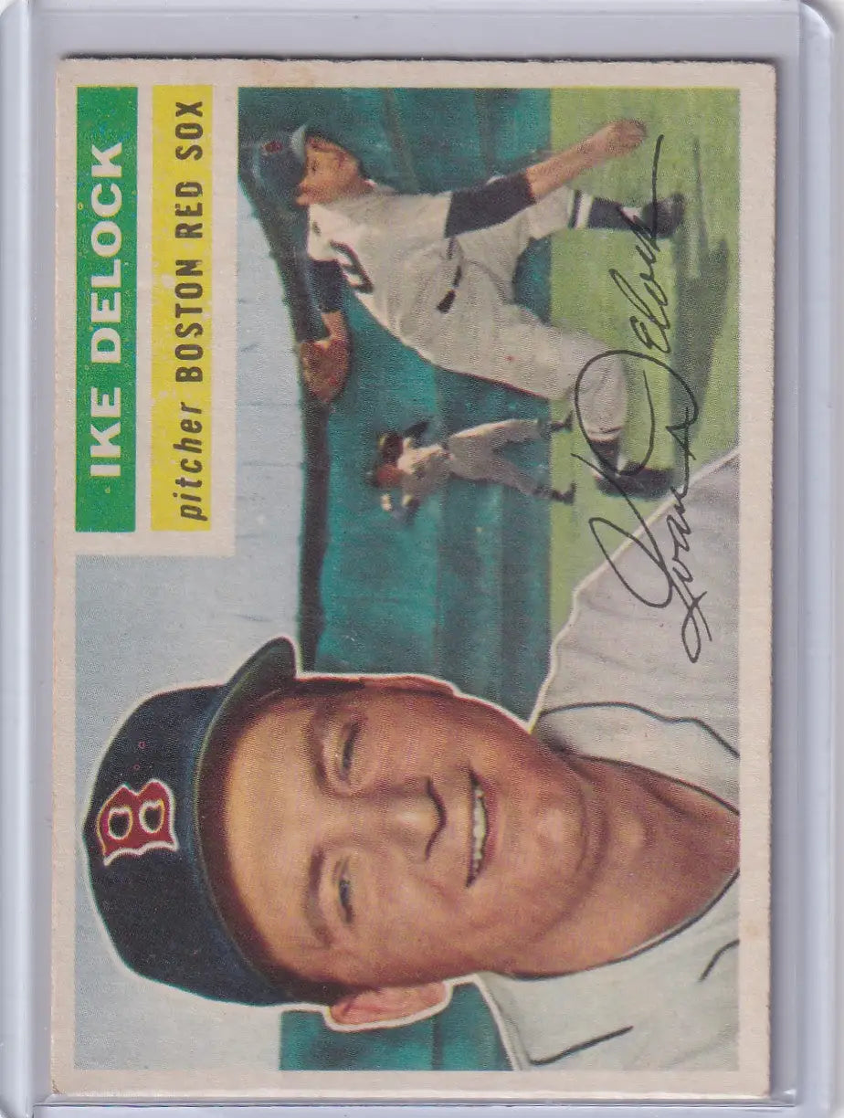 Vintage baseball card of Ike Delock Boston Red Sox pitcher with printed autograph