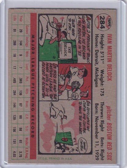 Vintage 1956 Topps Ike Delock Boston Red Sox baseball card with pitching record